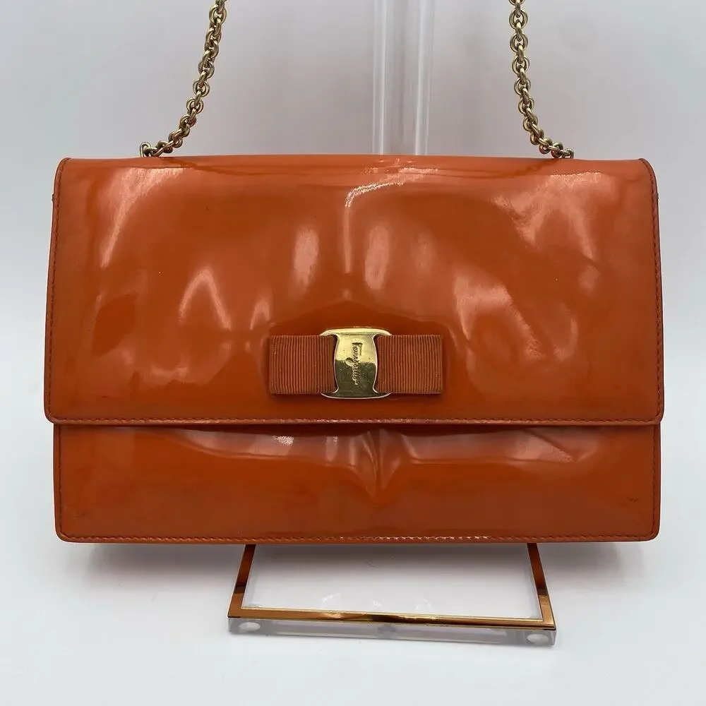 Salvatore Ferragamo Ginny Shoulder Bag Orange Patent Leather Crossbody Gold Med
